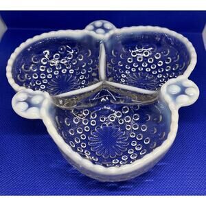 Vintage Anchor Hocking Moonstone White Hobnail Clover Shaped 3 Part Relish